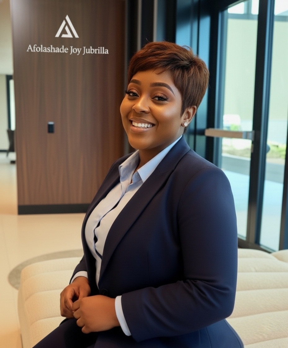 Afolashade seated in a modern office with brand wall